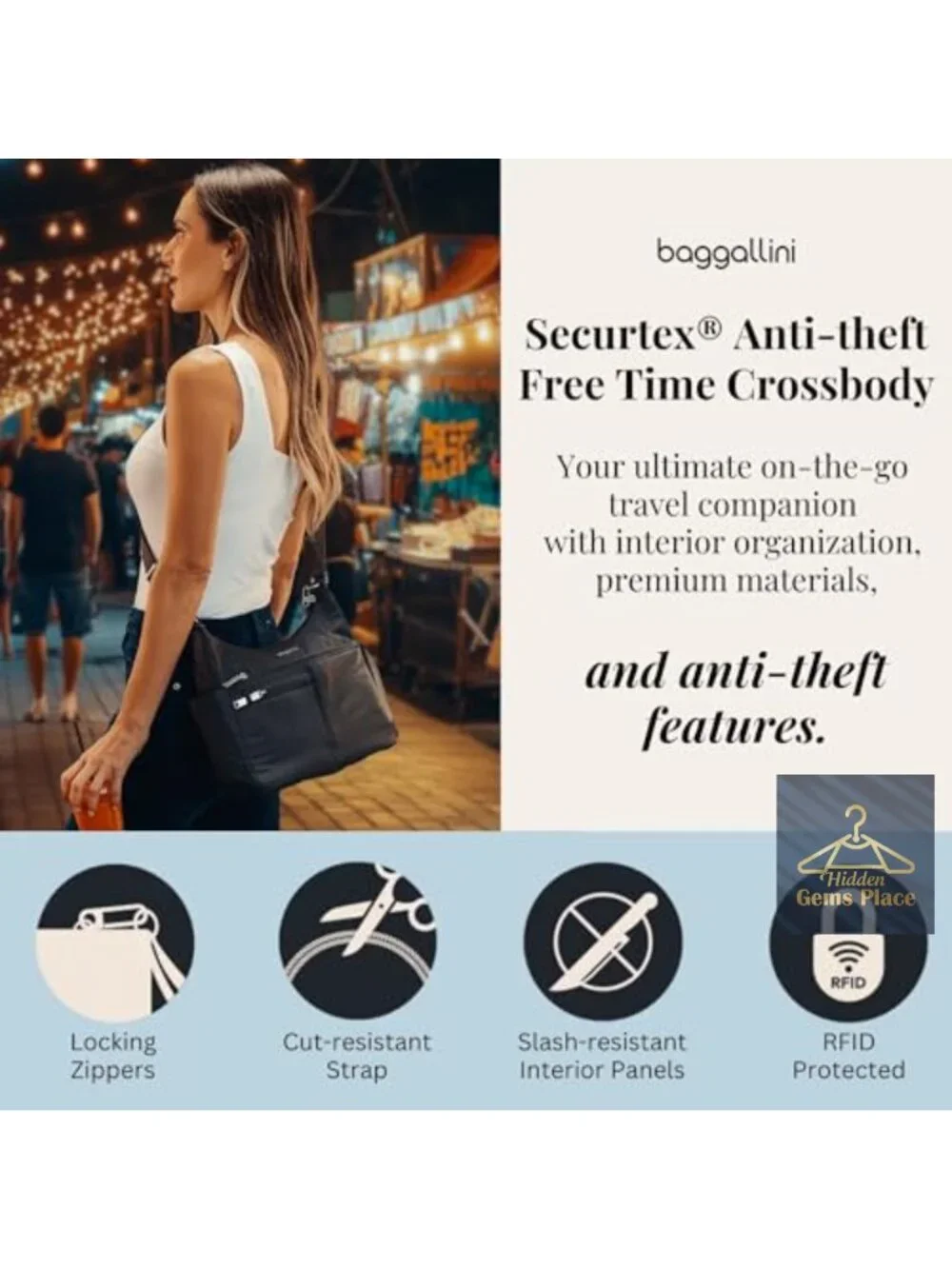 Anti-theft Crossbody Bag with RFID Blocking and Locking Zippers